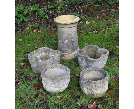 A GROUP OF VARIOUS GARDEN PLANTERS  To include a late Victorian chimney pot 60cm high, and two further pairs of later stone c