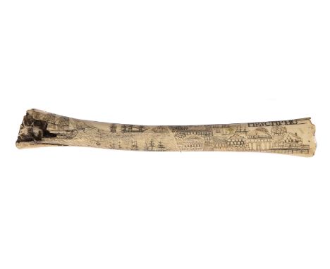 A MARINE SCRIMSHAW DECORATED BONE  POSSIBLY NORTH EUROPEAN OR TURKISH, LATE 18TH /EARLY 19TH CENTURY  The animal bone (lamb?)