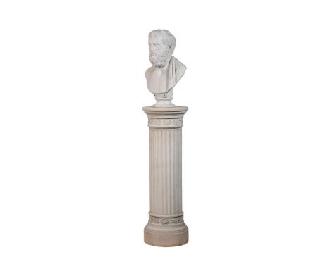 A COMPOSITION STONE BUST OF ARISTOTLE OF RECENT MANUFACTURE  61cm high  Atop a pedestal base, of similar date, 93cm high 154c