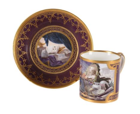 A SEVRES PORCELAIN CUP AND SAUCER (GOBELET LITRON ET SOUCOUPE)CIRCA 1795 Painted with scenes emblematic of the Arts reserved 