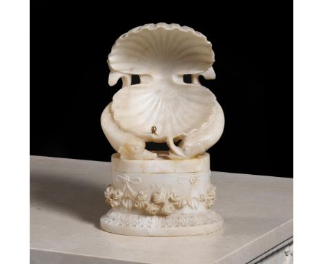 A SCULPTED ALABASTER SOAP DISH  19TH CENTURY Probably Italian, possibly Grand Tour, modelled as a clam shell supported on com