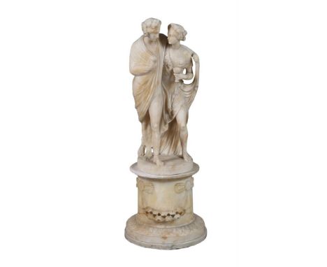 A SCULPTED ALABASTER FIGURAL GROUP OF TWO MAIDENS  AFTER THE MANNER OF ANTONIO CANOVA The women stood shoulder to shoulder on