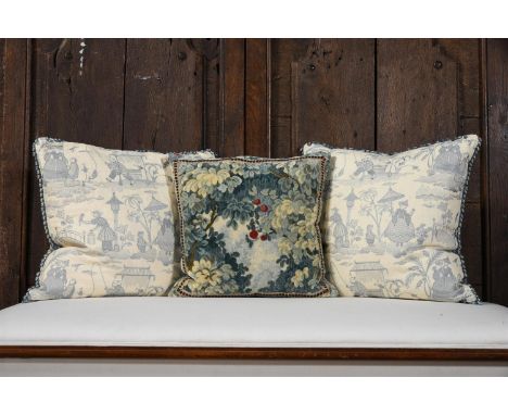 A PAIR OF CUSHIONS WITH CHINOISERIE DECORATION MODERN approximately 55 x 55cm AND ANOTHER incorporating a machine woven tapes