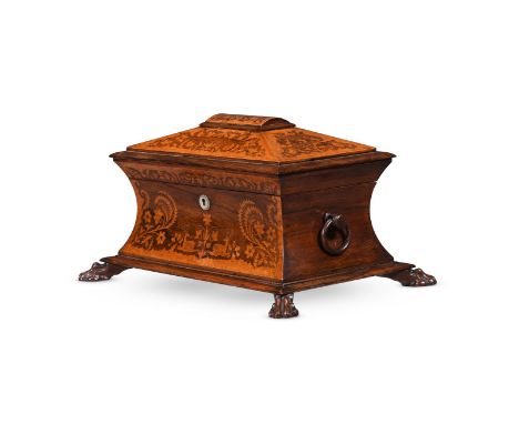 Y&nbspA GEORGE IV ROSEWOOD AND AMBOYNA MARQUETRY INLAID TEA CADDY  CIRCA 1825 Of sarcophagus form, the lid enclosing an arran