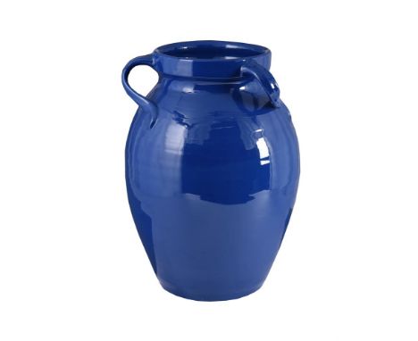 A LARGE BRANNAM BLUE-GLAZE RED POTTERY THREE-HANDLED VASE 50cm high 