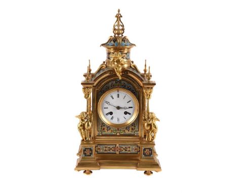 A FRENCH GILT METAL AND CHAMPLEVE ENAMEL MANTEL CLOCK  LATE 19TH CENTURY, JAPY FRERES The eight-day bell striking movement st