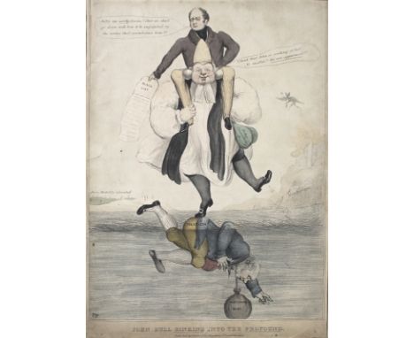 Two 19th century political cartoon prints, one titled 'John Bull Sinking in the Profound', with Nottingham castle in flames, 