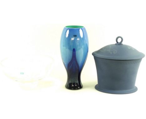 A Caithness blue art glass vase, the body decorated with royal blue dots, boxed, 23cm, together with a Caithness clear glass 