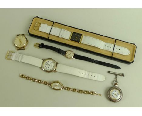 A group of watches, comprising a 9ct gold cased Omega lady's wristwatch, with circular pearlised dial, black hands and gold b
