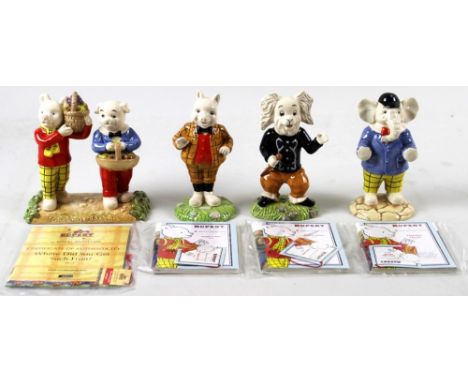 A collection of Royal Doulton Rupert Classics figurines, comprising Pong-Ping, RB34, Podgy Pig, RB35, Edward Trunk, RB33, and