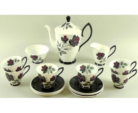 A Royal Albert Masquerade pattern coffee service, comprising coffee pot, 21cm,  six cups, 7cm, six saucers, 12.5cm, milk jug,