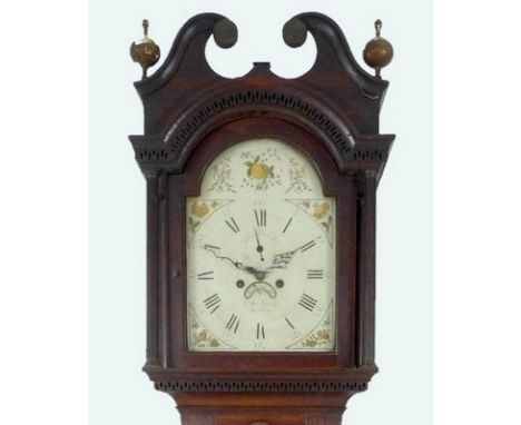 A 19th century oak and inlaid long case clock, the painted arched dial signed C. Broderick, Boston, decorated to the arch wit