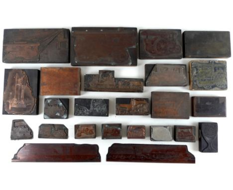 A collection of early to mid 20th century printing blocks, mostly copper on wooden boards, some purportedly to have been made