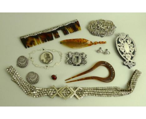 A collection of jewellery and vertu, including a paste belt with Art Deco buckle for a 28 inch waist, a silver part buckle, a