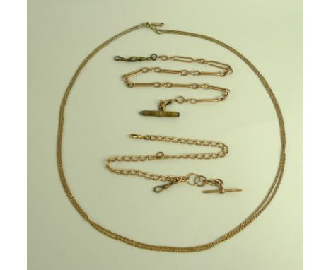 Two 9ct rose gold watch chains, one with T bar, the other with brass pencil holder, approx gold weight 62g, together with a y