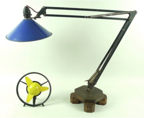 A vintage angle poise cantilevered lamp, with blue enamelled shade and oak base, together with a 1950's black and yellow thre