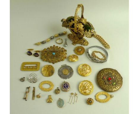 A group of jewellery and vertu, including a filigree and enamel pin cushion formed as a basket of flowers, a silver brooch of