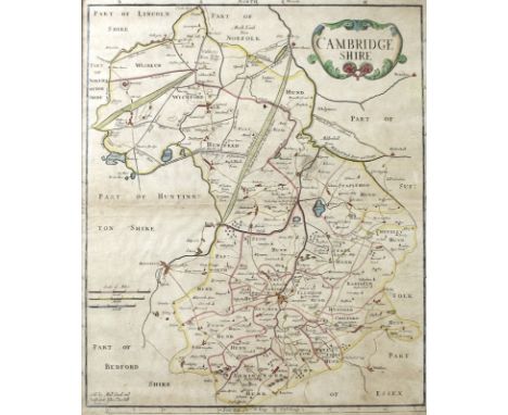 After Robert Morden (1650-1703): a hand coloured map of Cambridgeshire showing three scales of miles and longitude in minutes