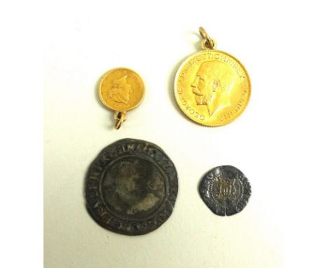 A small collection of GB and World coins, including a George V gold sovereign, 1914, with attached suspension ring, a gold 'L