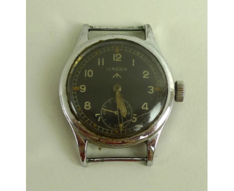 A WWII Lemania steel cased 'Dirty Dozen' military wristwatch, mechanical hand wind, black dial with subsidiary seconds dial, 