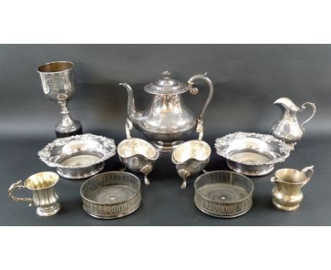 A good collection of silver plate and some Sheffield plate, including two pairs of bottle coasters, one pair with pierced sid