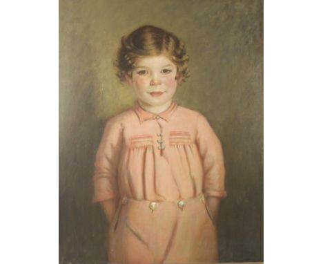 Ernest Alfred Widdas ARA (British, 20th century): portrait of 'Joe', in pink smocked shirt romper suit, oil on canvas, signed