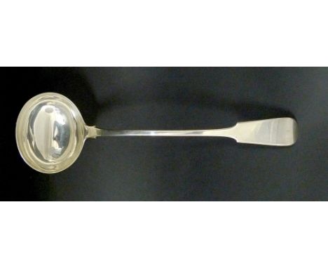 A Victorian fiddle pattern silver ladle, the handle engraved FL to FG 1914, Exeter 1854, John Stone, 37cm, 9.46toz.