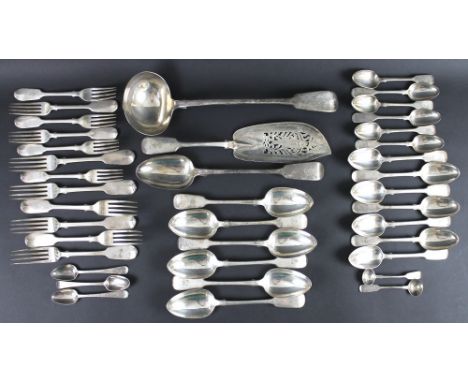 Two parts suites of early Victorian silver cutlery, one set fiddle pattern, the handles engraved with armorial of an eight po