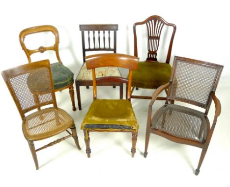 A group of six assorted 19th and 20th century chairs, including two with caned seats and backs, a good Victorian walnut chair