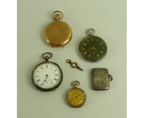 A collection of pocket watches, including a late 19th century Continental lady's 9ct gold pocket watch, foliate engraved dial