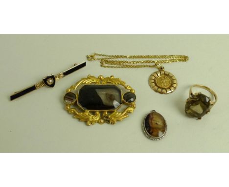 A collection of jewellery, comprising a smokey quartz and 9ct gold ring, the oval stone 19.7 by 14.6 by 1.9mm, size P, 6.8g, 