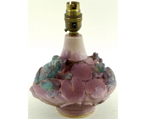 A Bernard Rooke studio pottery lamp base depicting frogs on lily pads, signed BR to base, 16cm wide and 21cm high, plus a lil