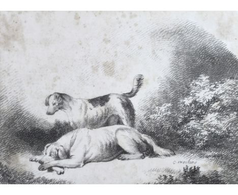 After George Morland (British, 1763-1804): a study of two hounds, lithograph, signed to the plate, 17 by 24cm, together with 