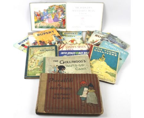 A collection of late 19th and early to mid 20th children's books including Rupert Bear Annuals from 1945, 1949, 1950, 1954, 1