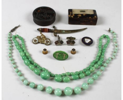 Two faux jade necklaces, an agate book mark in the form of a dagger, a tortoiseshell and mother of pearl rectangular stud box