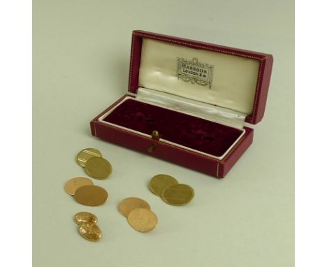 Two pairs of 9ct gold chain link cufflinks, comprising a pair of plain faced rose gold ovals, Birmingham 1907 and a pair of o