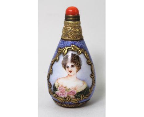 A Chinese tear drop shaped enamelled glass and metal snuff bottle decorated with European ladies in the reserves, raised 4 ch