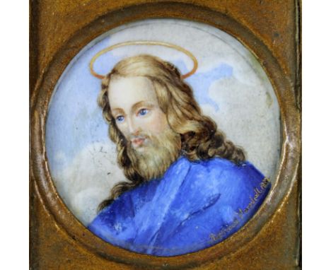 Adelheid Blarsdzall (German, 19th century): a Christ figure with halo, wearing a blue robe, circular miniature portrait, oil 