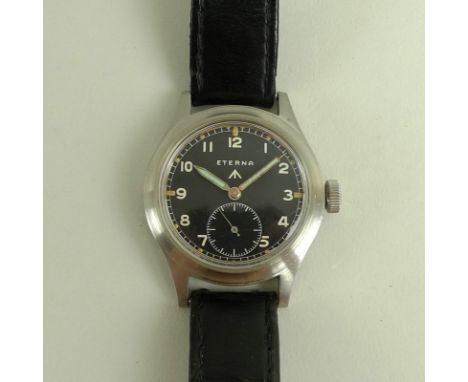 A WWII Eterna steel cased 'Dirty Dozen' military wristwatch, black dial with subsidiary seconds dial, white Arabic numerals, 