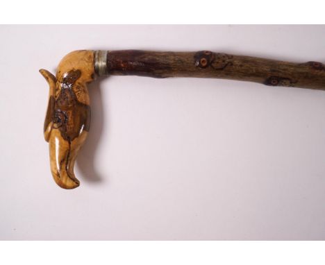 A country walking stick with carved eagle's head handle and owl design to the shaft