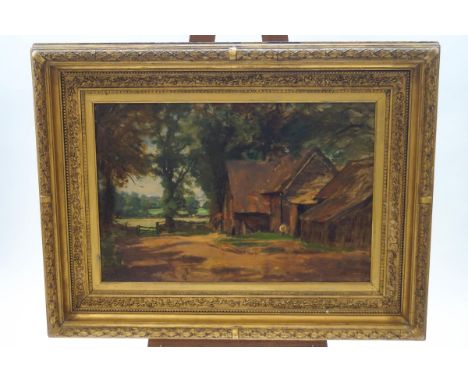 R Symonds, Farm dwellings, oil on canvas in large Victorian gesso and gilt frame, signed lower left, 82cm x 106cm overall