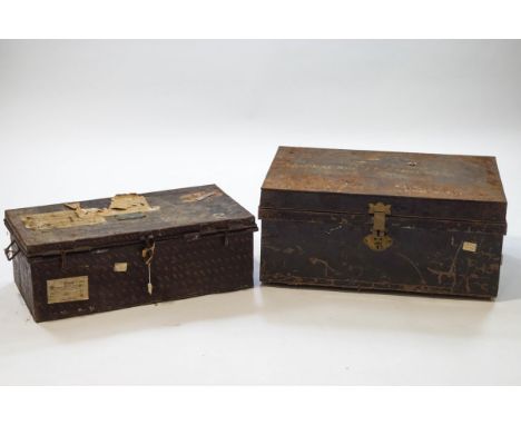 A 19th century tin travelling trunk, named to Admiral J.F.Somerville, 33cm high x 74cm wide, and a smaller trunk, labelled to