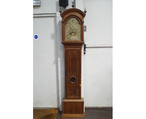 An 18th century oak and mahogany eight day longcase clock by John Thomas, Crewkerne, the inlaid case door with visible pendul