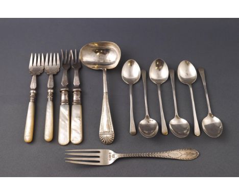 A set of six silver coffee spoons, Birmingham 1942, together with two pairs of pickle forks each with mother of pearl handles