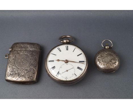 A silver cased pocket watch, the white enamel dial with subsidiary second dial, London 1778, together with a silver vesta cas
