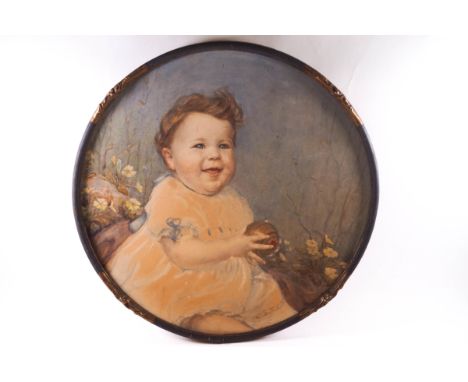 English School, early 20th century, Portrait of a baby girl, watercolour, 47.5cm diameter