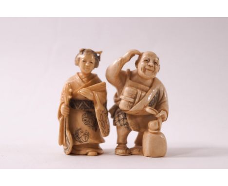 Two early 20th century ivory Netsuke, one carved as a Geisha, 5cm high, the other as a market seller, 4.5cm high, both signed