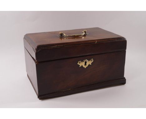 A George III mahogany tea caddy with three interior compartments, brass escutcheon and handle, 24.5cm wide