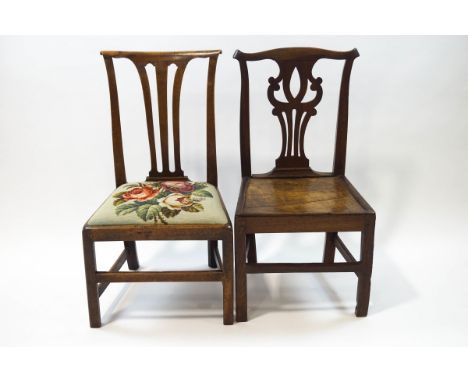 A Chippendale style oak and elm chair and another with woolwork floral seat