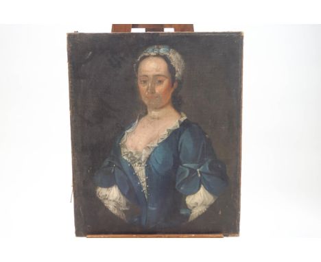 English School, late 18th century, Portrait of a lady wearing a blue dress, oil on canvas, 74cm x 60.5cm, unframed